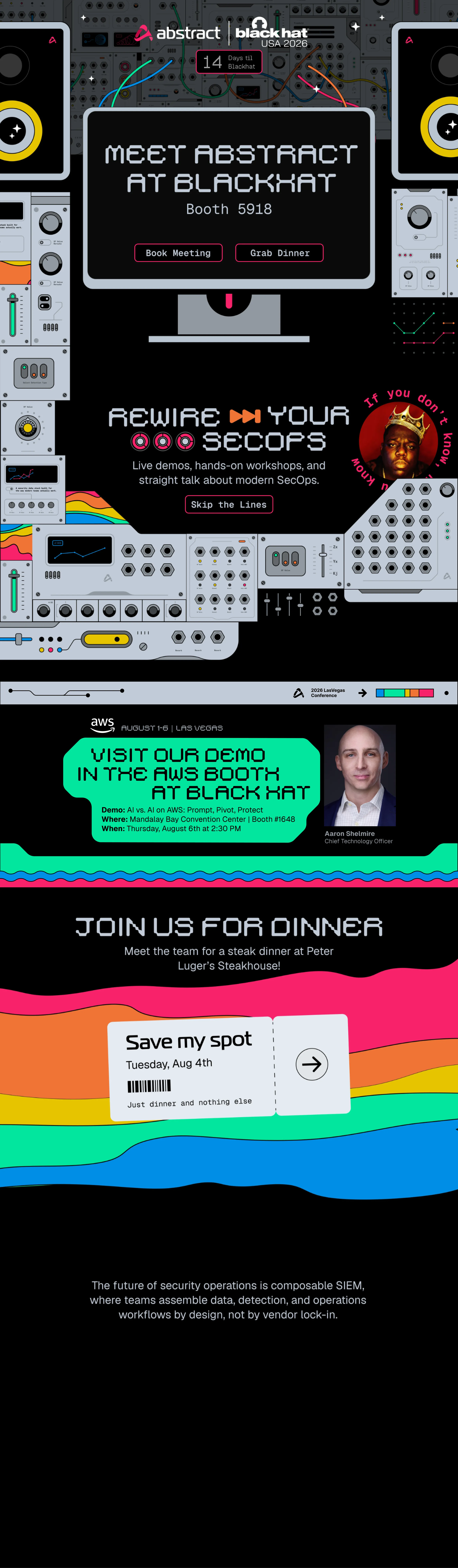 Meet Abstract at Black Hat, Booth 5918 — a modular-synth studio scene with the headline Rewire your SecOps, a demo in the AWS booth #1648, and a steak dinner invite.