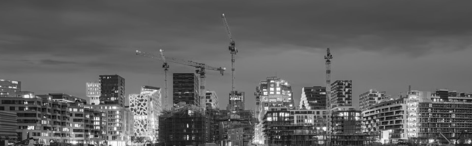 Photo of a city skyline with multiple construction cranes and modern buildings under a cloudy sky.