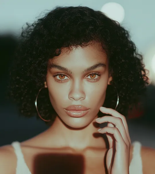 Close-up portrait of a woman with curly black hair, hoop earrings, and amber eyes looking directly at the camera with hand near face.