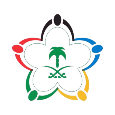 Logo with a green palm tree and crossed swords inside a five-petal flower shape formed by five stylized human figures in black, red, blue, yellow, and green.