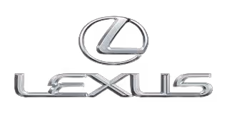 Silver Lexus car brand logo on black background.