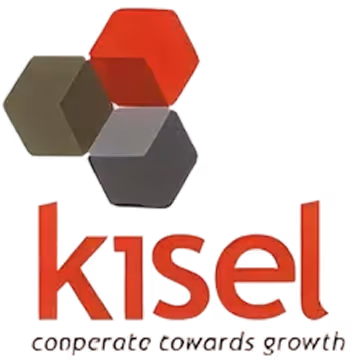Logo featuring three overlapping hexagons in red, gray, and dark gray above the word 'kisel' in red lowercase letters and the tagline 'cooperate towards growth'.