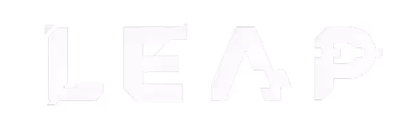 The word 'LEAP' written in bold, stylized white letters on a transparent background.