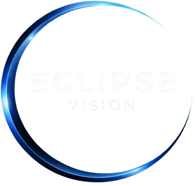 Stylized blue crescent curve partially encircling the text 'ECLIPSE VISION' in white on a black background.