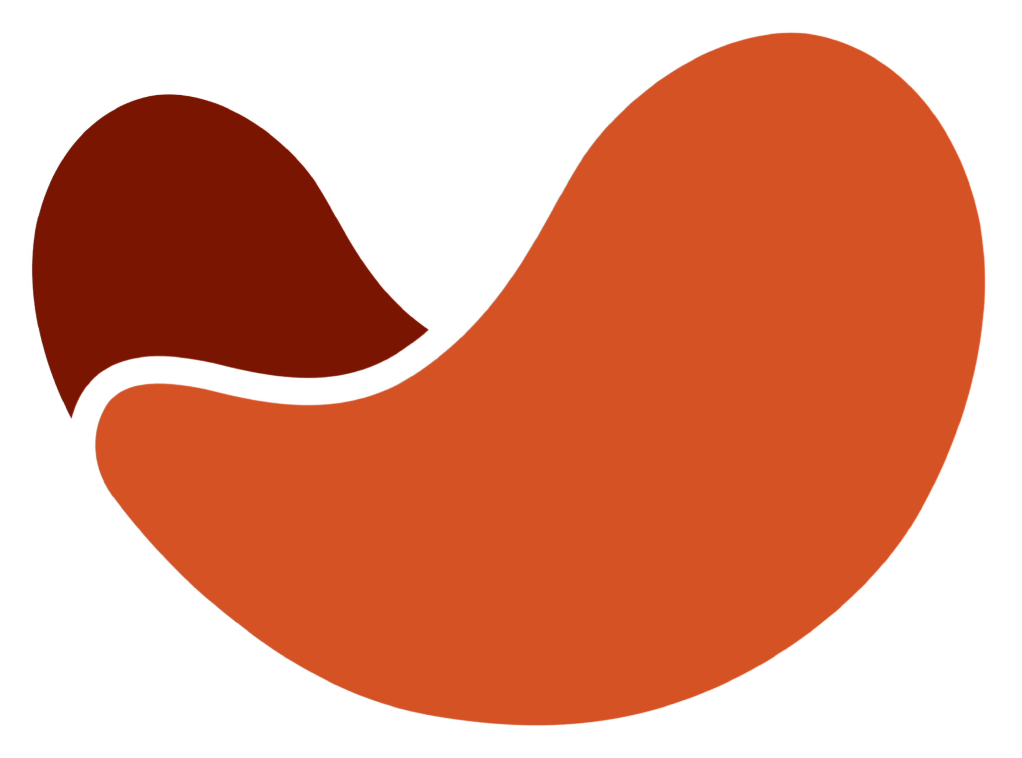 Abstract stylized bird shape in dark brown and orange with a curved body and pointed head.