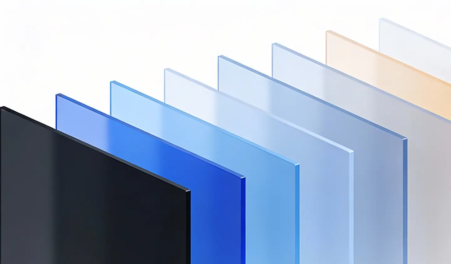 Layered transparent panels transitioning from black to various shades of blue and light orange.