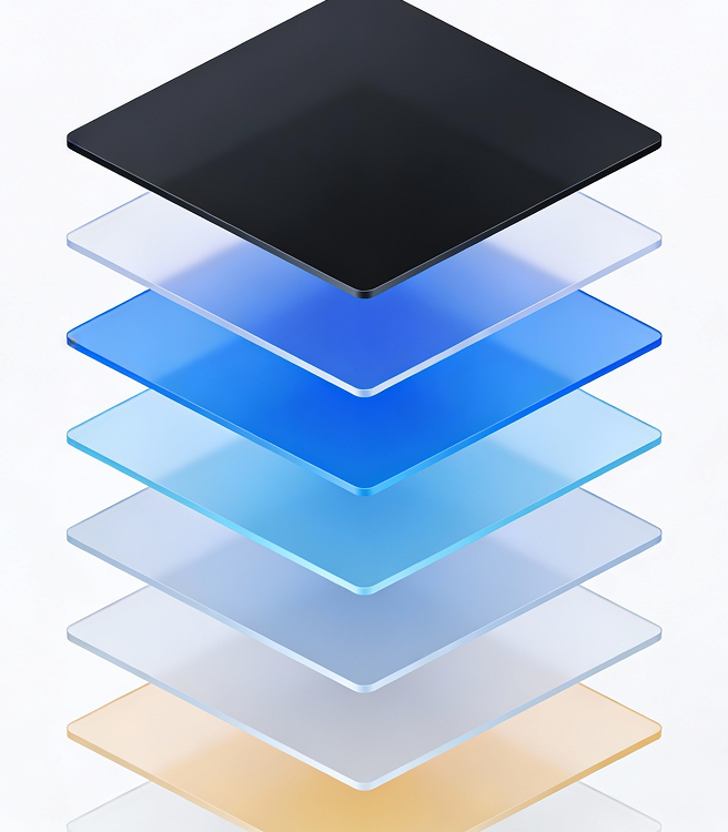 Illustration of seven transparent rectangular layers stacked above each other in various shades from black to blue to beige.