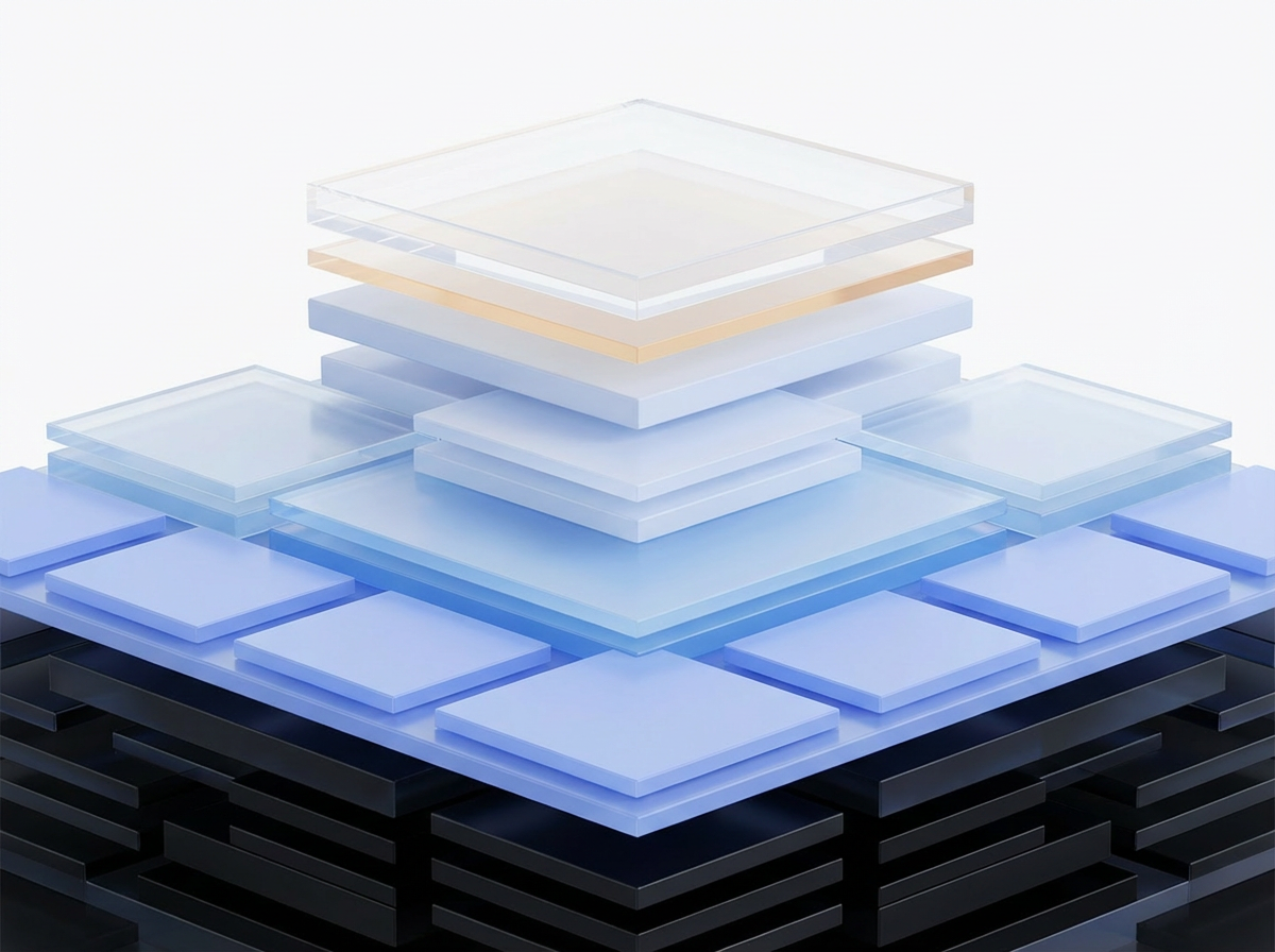 3D rendered abstract stack of translucent and opaque square layers in shades of blue, black, and beige.