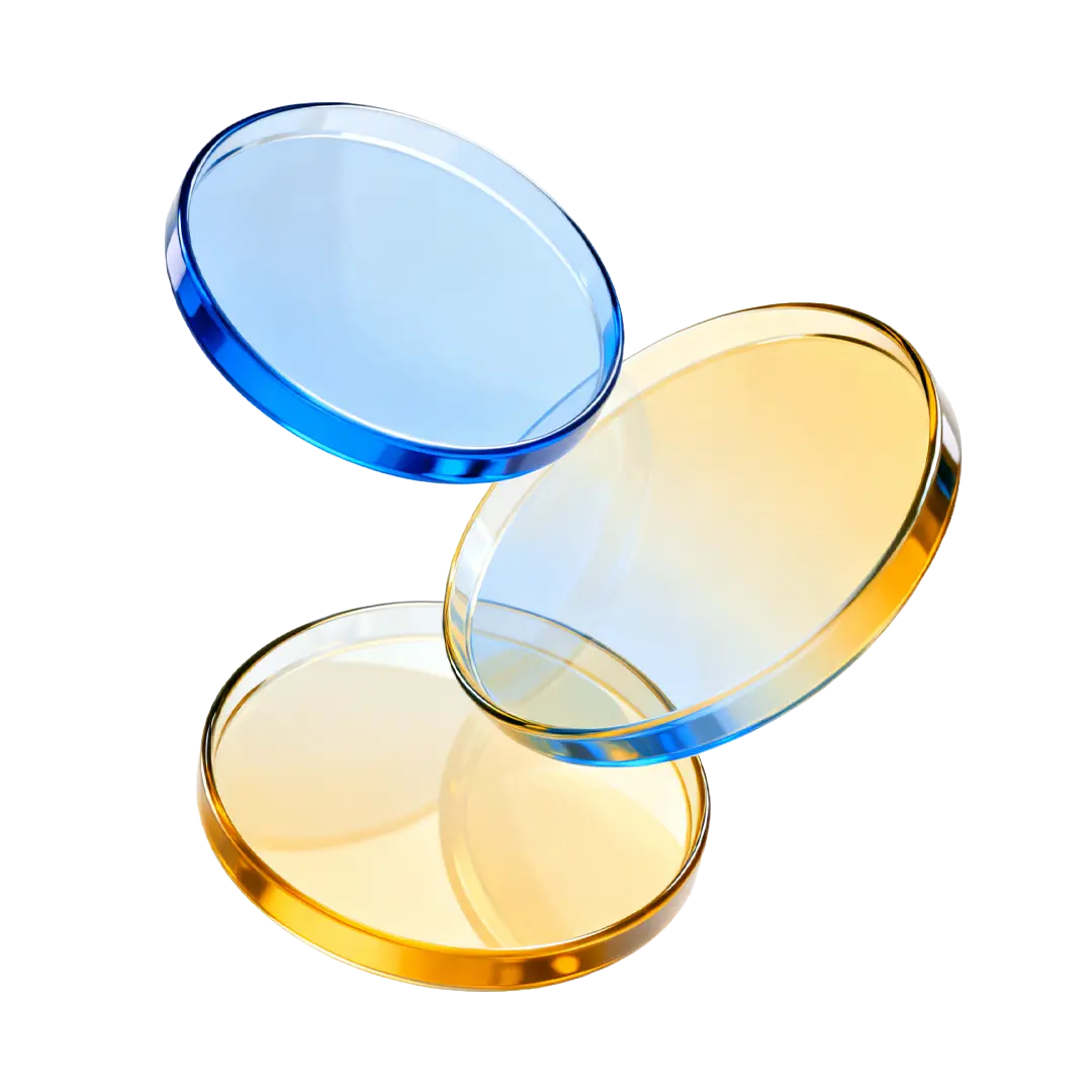 Three transparent coins, two with gold edges and one with blue edges, floating against a black background.