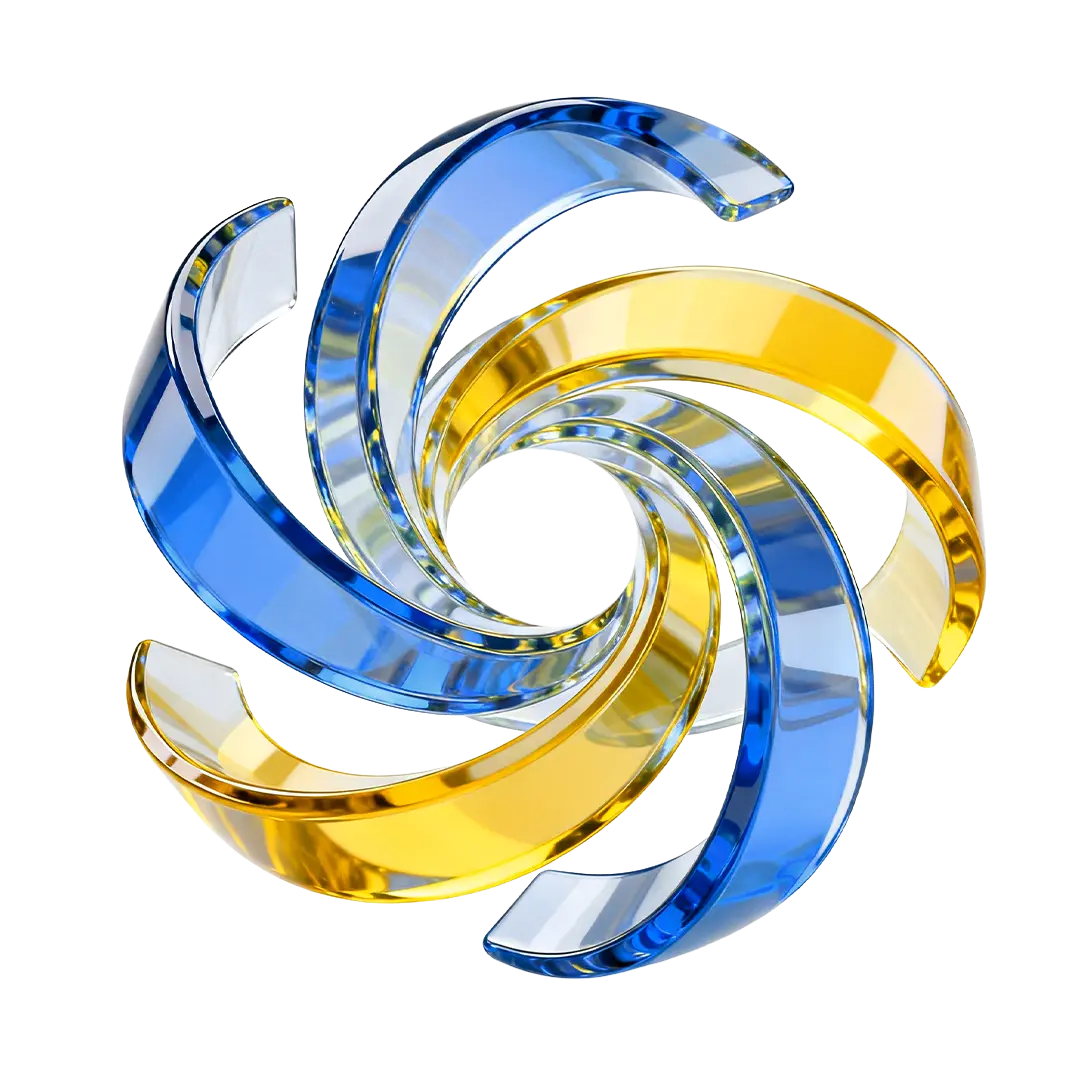 Translucent twisting ribbon shape in blue and yellow colors on a transparent background.