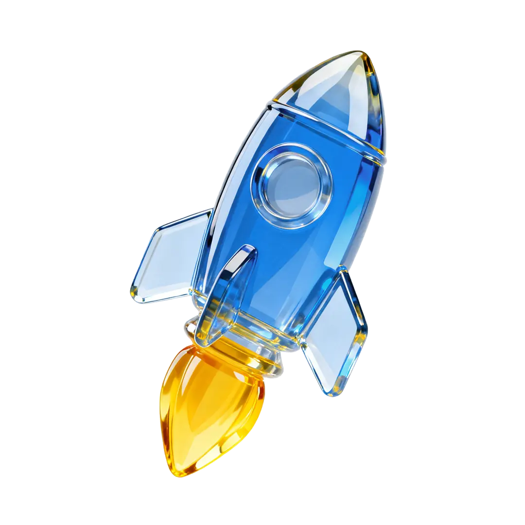Blue and transparent glass rocket with yellow flame, isolated on black background.