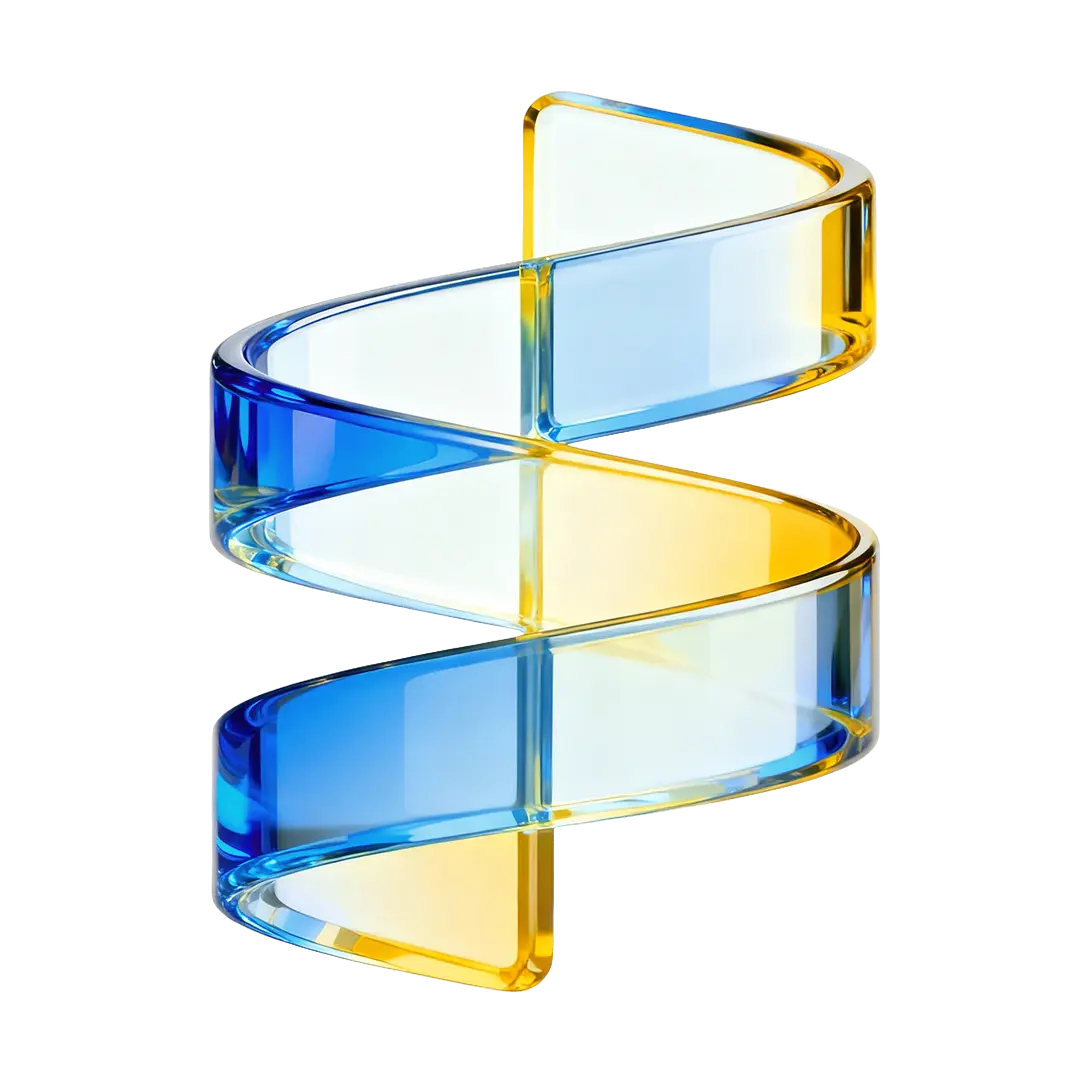 Translucent twisting ribbon shape in blue and yellow colors on a transparent background.