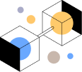 Graphic showing three stylized pie charts in orange, blue, and tan colors with small circles around them.
