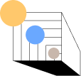 Four circles of different sizes and colors arranged diagonally, featuring a large peach circle, a medium blue circle, a smaller gray circle, and a tiny peach circle.