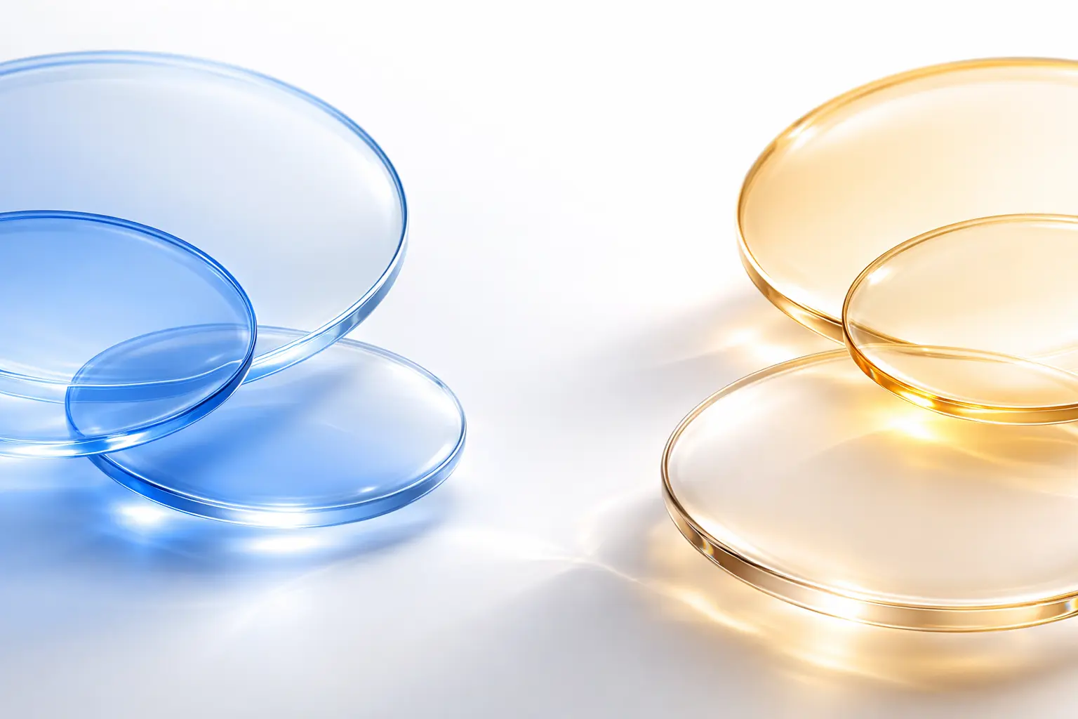 Stacks of transparent blue and amber glass discs casting reflections on a white surface.