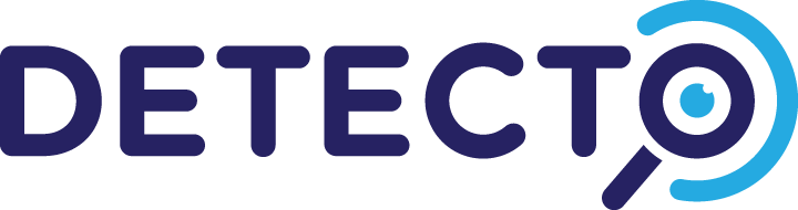 Logo de Detecto avec une loupe stylisée intégrée dans la lettre O et des arcs bleus autour.