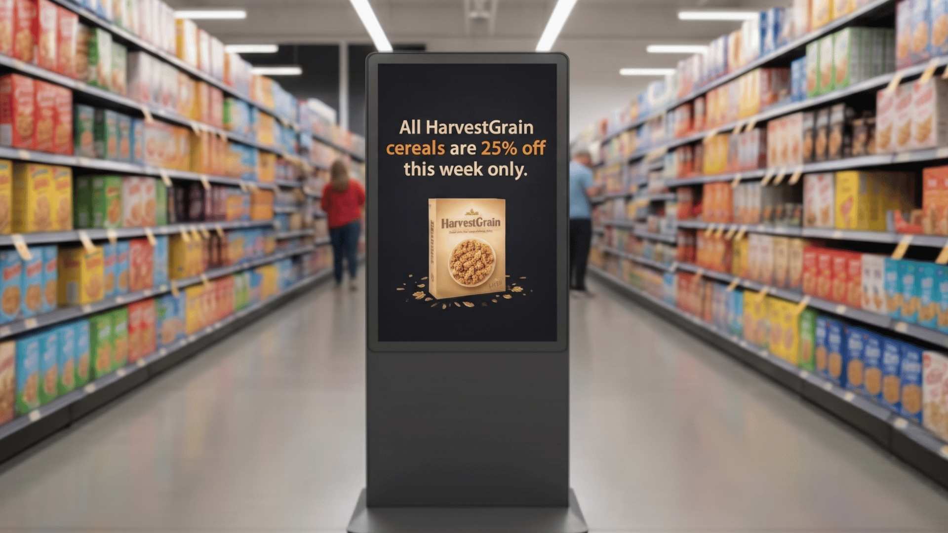 Digital sign in grocery aisle advertising 25% off all HarvestGrain cereals this week with cereal box image.