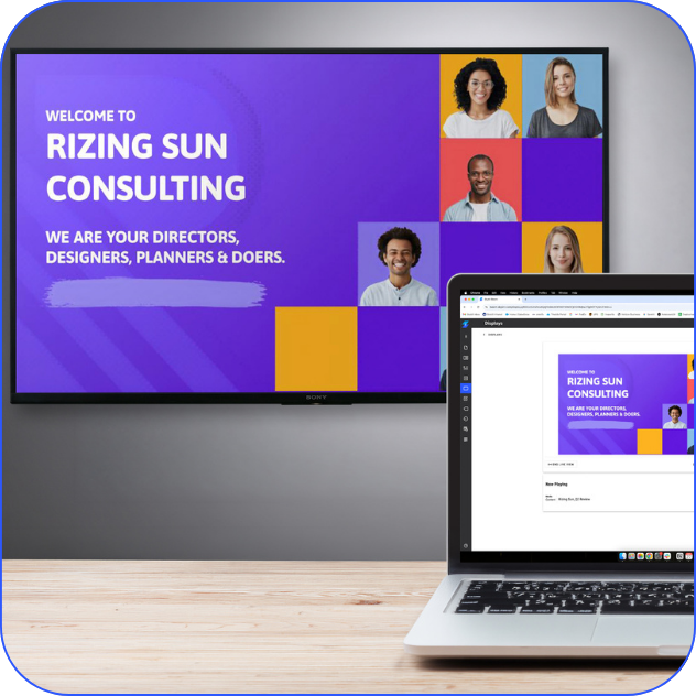 Screen and laptop showing Rizing Sun Consulting welcome slide with diverse team photos and purple background.