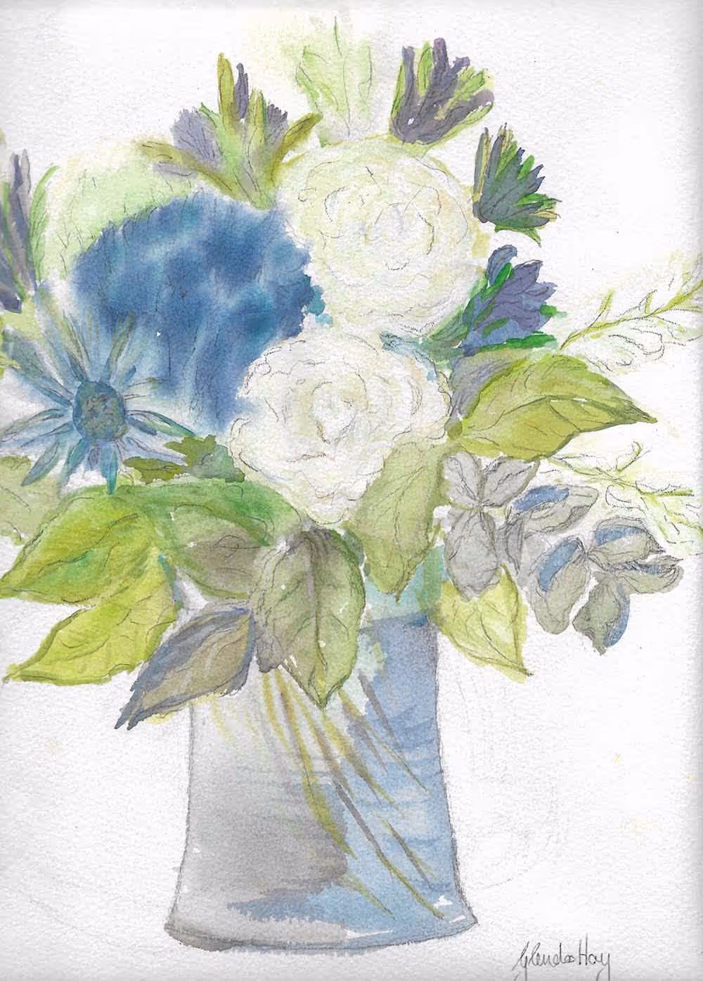 Watercolor painting of a blue vase holding white and blue flowers with green leaves.
