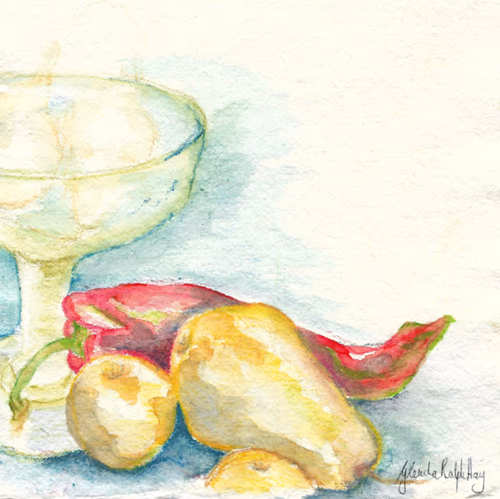 Watercolor painting of a lemon slice in a glass with a red chili pepper and yellow pears on a light surface.