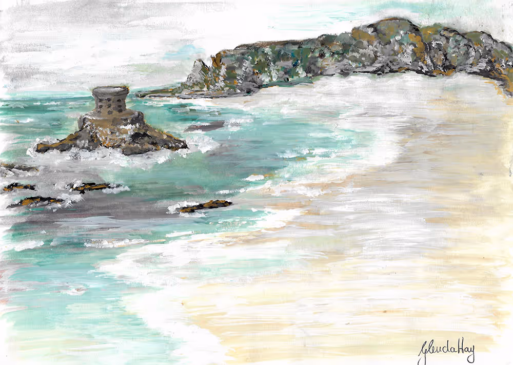 Painting of a coastal scene with turquoise waves, rocky formations including a small tower-like structure on a rock, and a sandy beach.