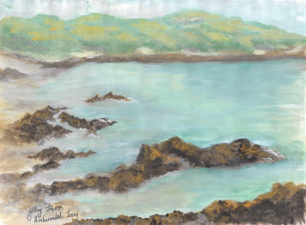 Painting of a calm bay with rocky shorelines and green hills in the background.