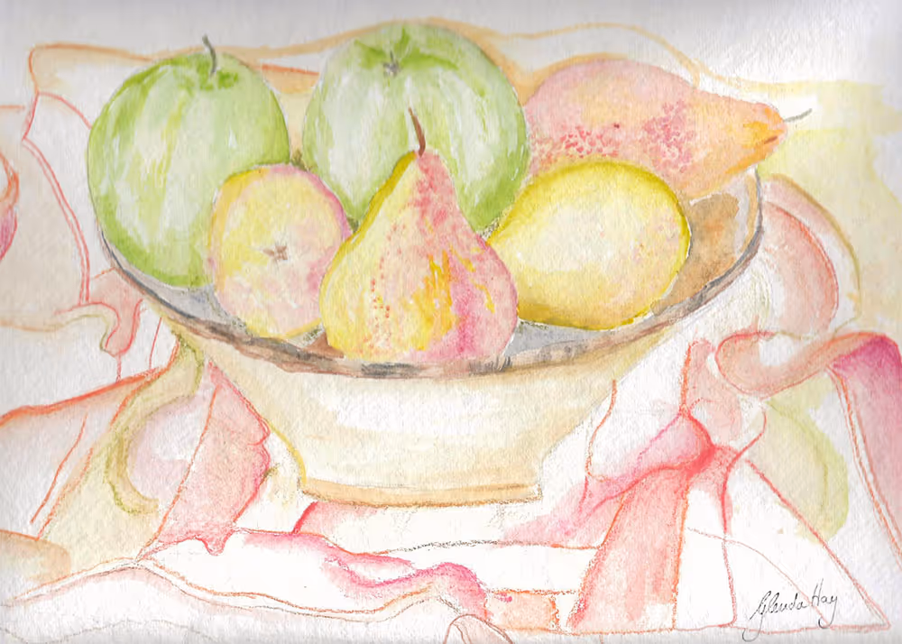 Watercolor painting of a bowl containing green apples, pears, and a peach on a cloth with red and yellow tones.