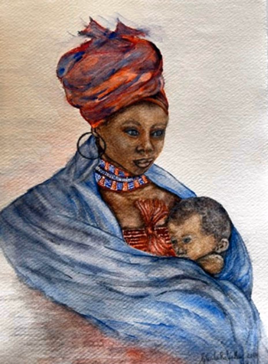 Watercolor painting of a woman wearing a red and blue headwrap and necklace, holding a baby wrapped in a blue cloth.