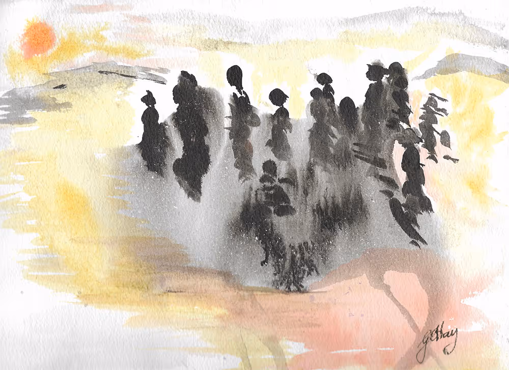Abstract watercolor painting with black silhouettes of people clustered in the center against a soft background of yellow, orange, and pink tones.