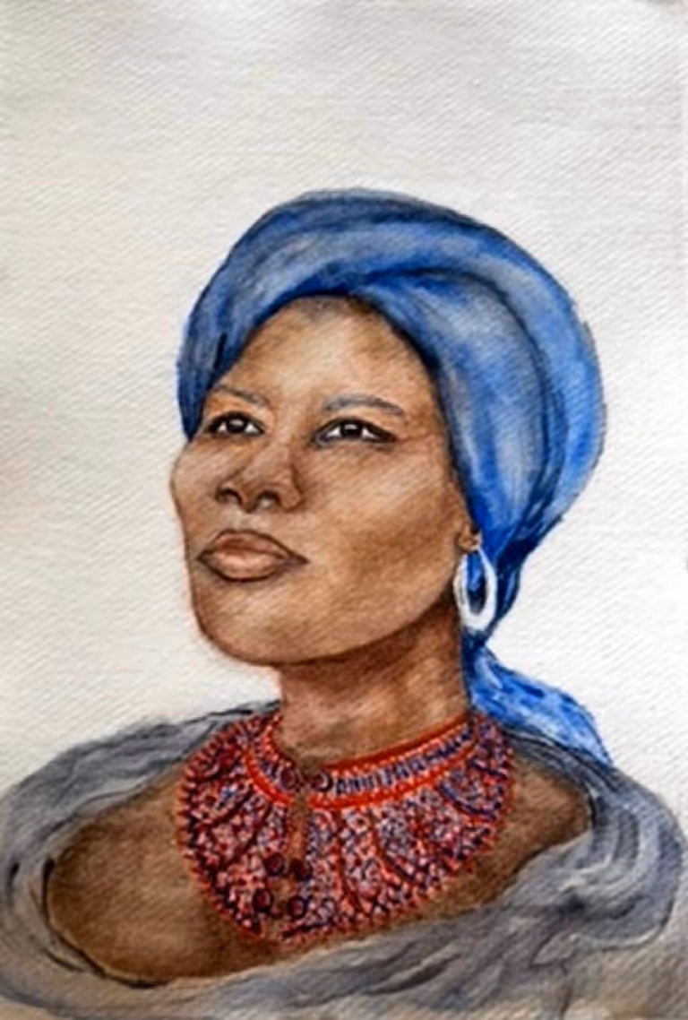 Portrait painting of a woman wearing a blue headscarf, silver hoop earrings, and a red beaded necklace.