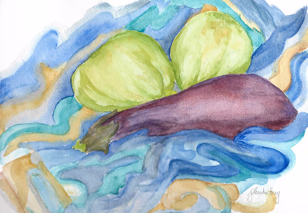 Watercolor painting of a purple eggplant and two green figs on a patterned blue and golden cloth.