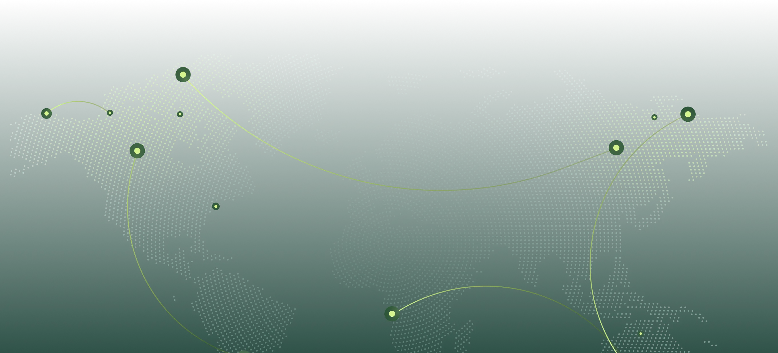 Dotted world map in green tones showing interconnected points with curved lines.