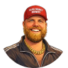 Smiling man with a full beard wearing a red cap that says 'HARD MONEY HENRY', a black track jacket with white stripes, and a thick gold chain necklace.