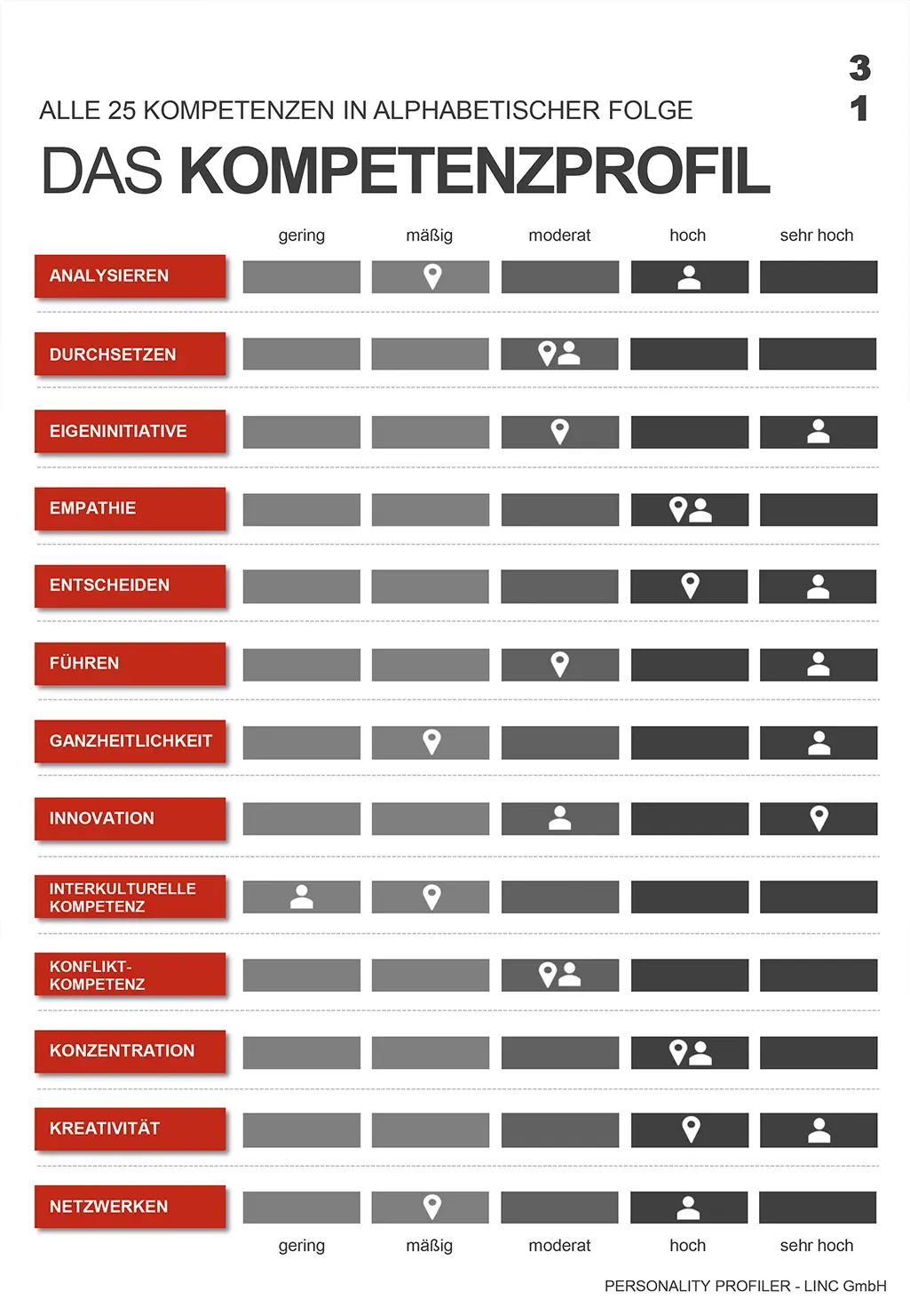 Grafische Übersicht des Kompetenzprofils mit 25 Kompetenzen in alphabetischer Reihenfolge. Bewertet werden unter anderem Analysieren, Durchsetzen, Empathie, Innovation und Kreativität auf einer Skala von gering bis sehr hoch.