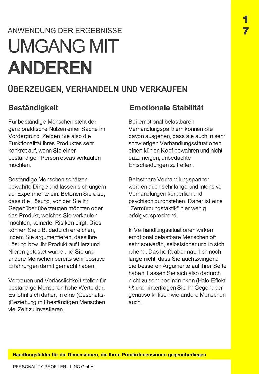 Seite zur Anwendung der Persönlichkeitsergebnisse mit Hinweisen zum Umgang mit beständigen und emotional stabilen Menschen in Überzeugungs- und Verhandlungssituationen.