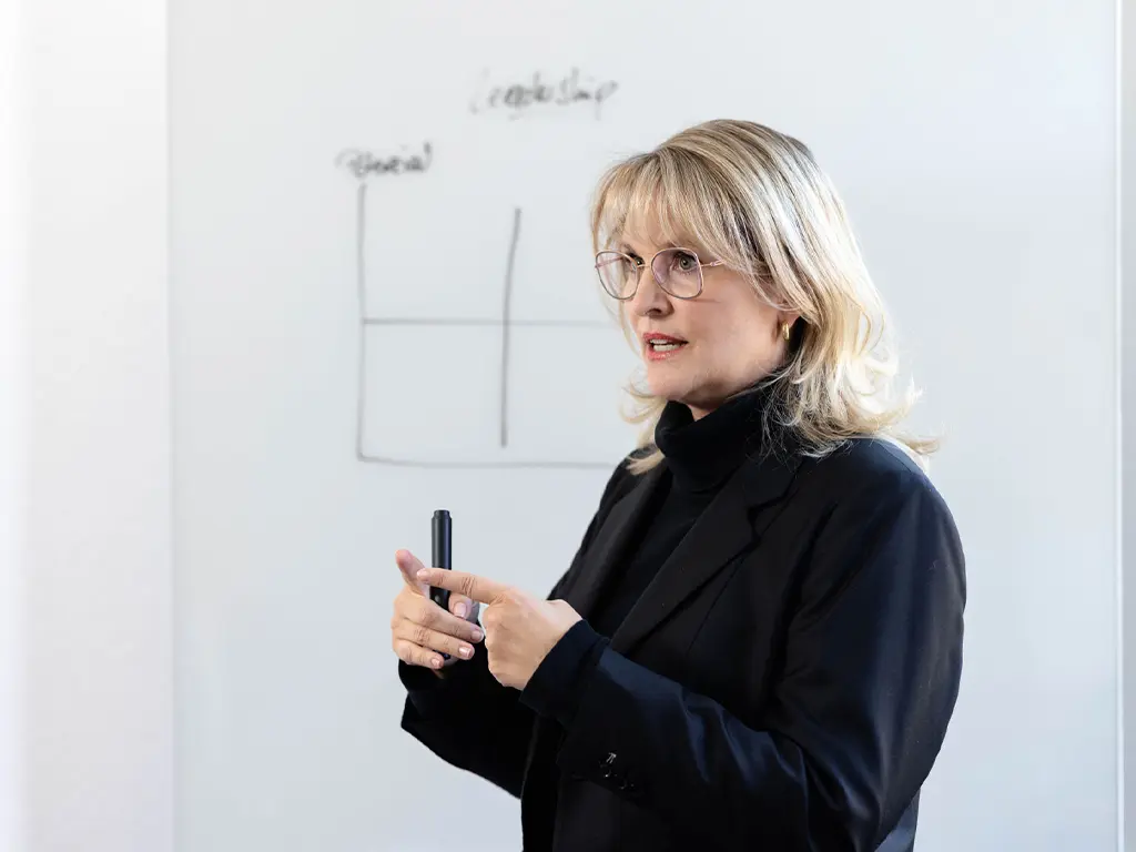 Nicole Flockenhaus steht vor einem Flipchart und gibt einen Workshop zu Führung und Teamentwicklung