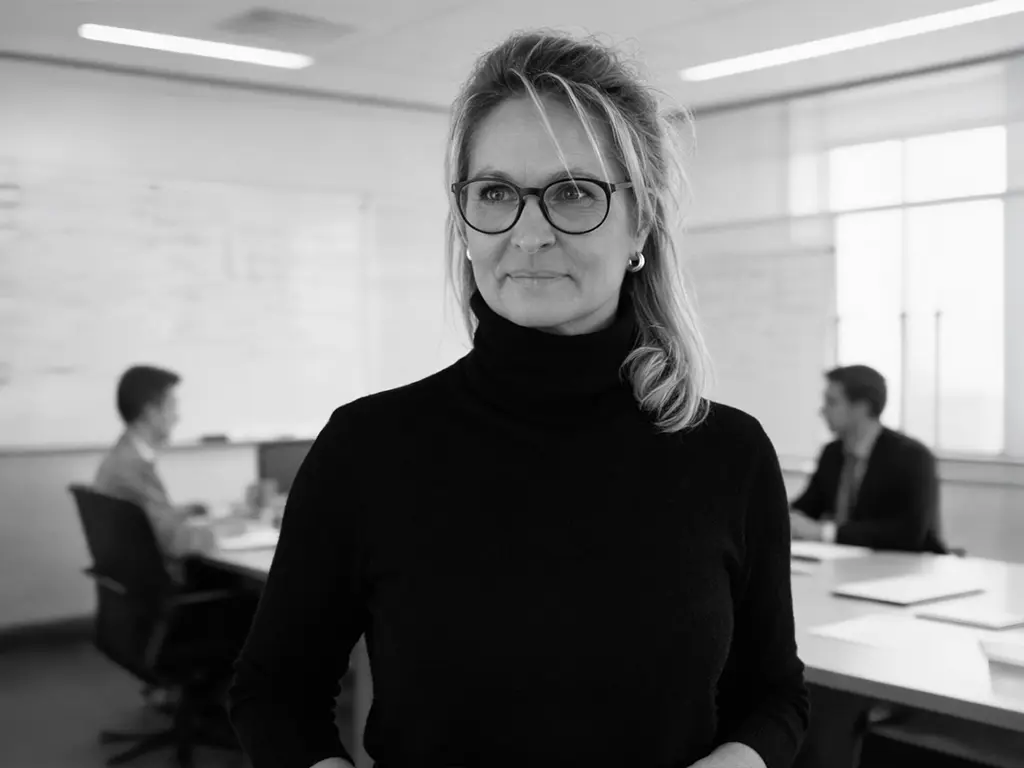 Nicole Flockenhaus moderiert eine Gruppe von Führungskräften an einem Konferenztisch, neben ihr steht ein Flipchart zu Team-Dynamiken.