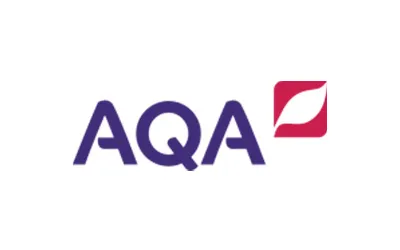 AQA logo with stylized letters AQA and a red square containing a white leaf shape.