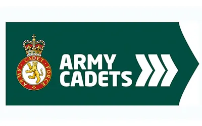 Army Cadets logo with a crowned badge featuring a lion and the words 'ARMY CADETS' beside three white directional arrows on a green background.