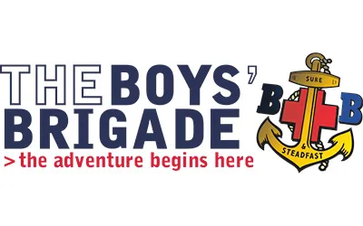 The Boys' Brigade logo with the tagline 'the adventure begins here' and an anchor emblem with a red cross and the words 'Sure' and 'Steadfast'.
