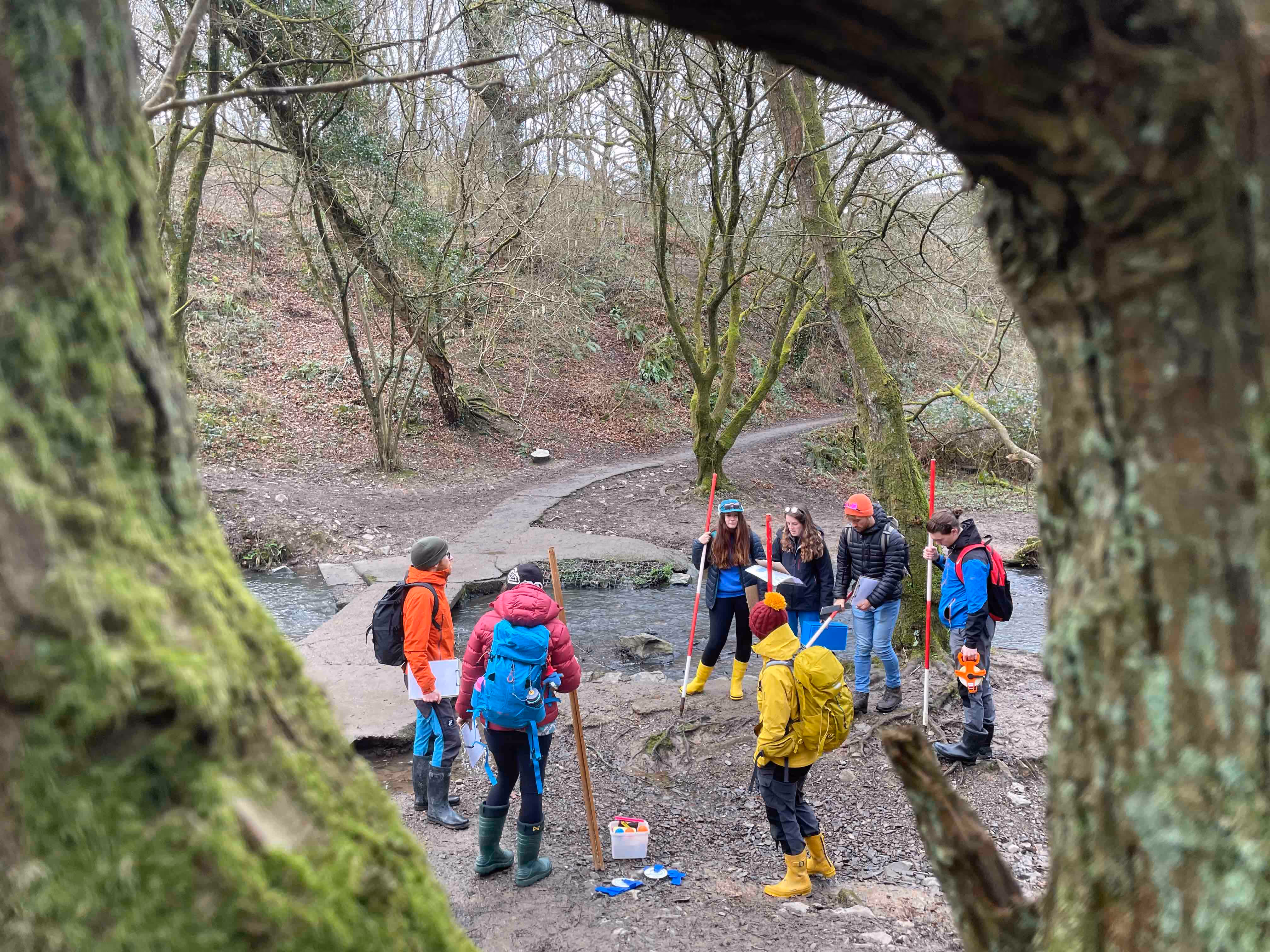Group of six people in outdoor clothing with backpacks and measuring poles standing near a stream in a wooded area with leafless trees.