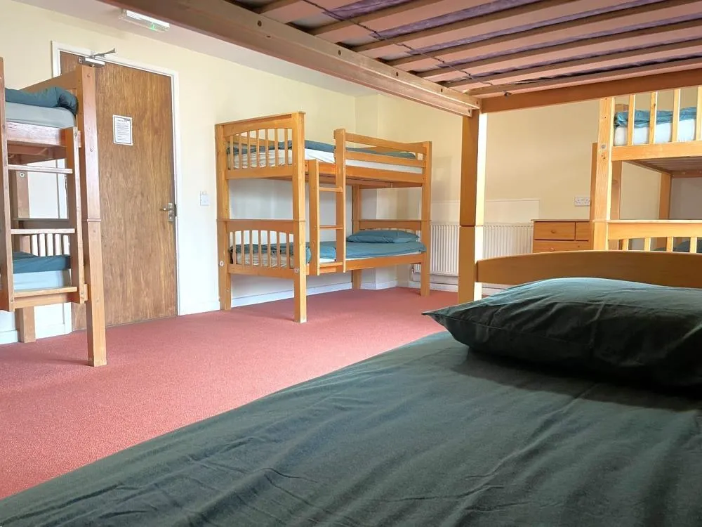 Dormitory room with wooden bunk beds and single beds, red carpet, and light walls.