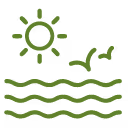 Green icon of sun over sea waves with two birds flying, representing a coastal location.