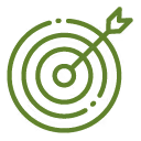 Green archery target with concentric circles and an arrow hitting the bullseye.