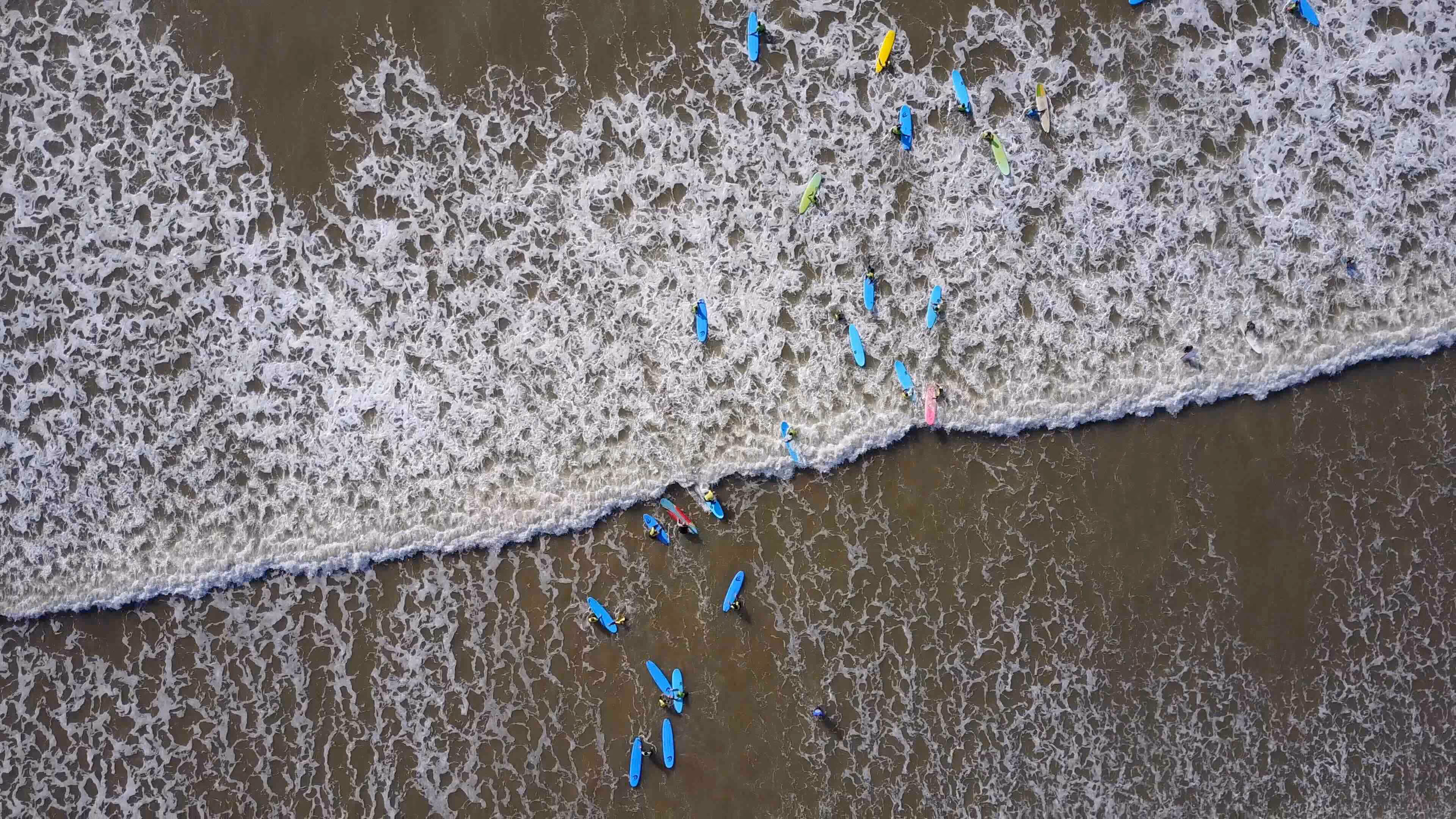 Aerial view of surfers with colourful boards in shallow ocean waves near the shoreline.