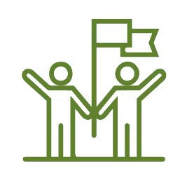 Two stylized figures with raised arms holding a flag between them, symbolizing teamwork or collaboration.