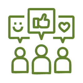 Three green outline figures with speech bubbles containing a smiley face, thumbs up, and heart icons.