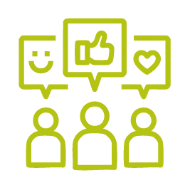 Three green outline figures with speech bubbles containing a smiley face, a thumbs-up, and a heart icon.