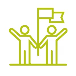 Two figures holding hands with a flag between them, symbolising teamwork or collaboration.