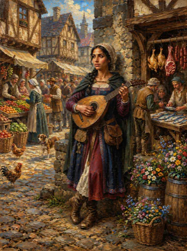 D as a lute player in a market square